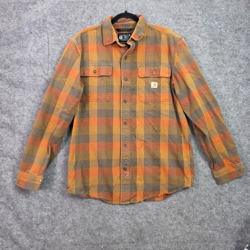 Carhartt Loose Fit Flannel Shirt Mens Medium Orange Plaid Button Down 105078 BRN